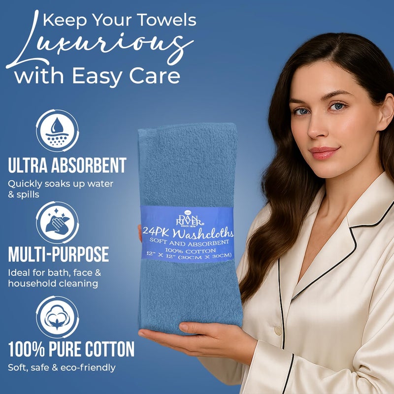 DAN RIVER 24 Pack Wash Cloths for Showering [12x12] - 100% Cotton Washcloths Premium Quality Flannel Face Cloths for Bathroom, Highly Absorbent and Soft Feel Wash Clothes, M Blue - Image 4